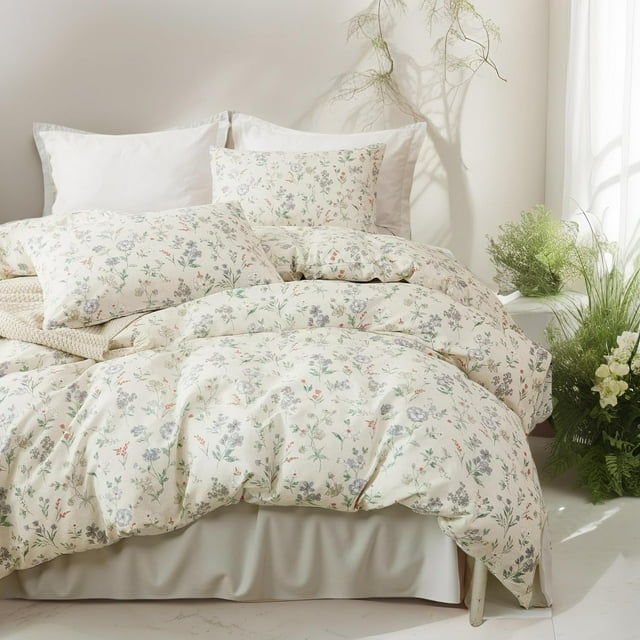 Juego de cama EAVD Chic Garden, funda de edredón con estampado floral, color beige completo
