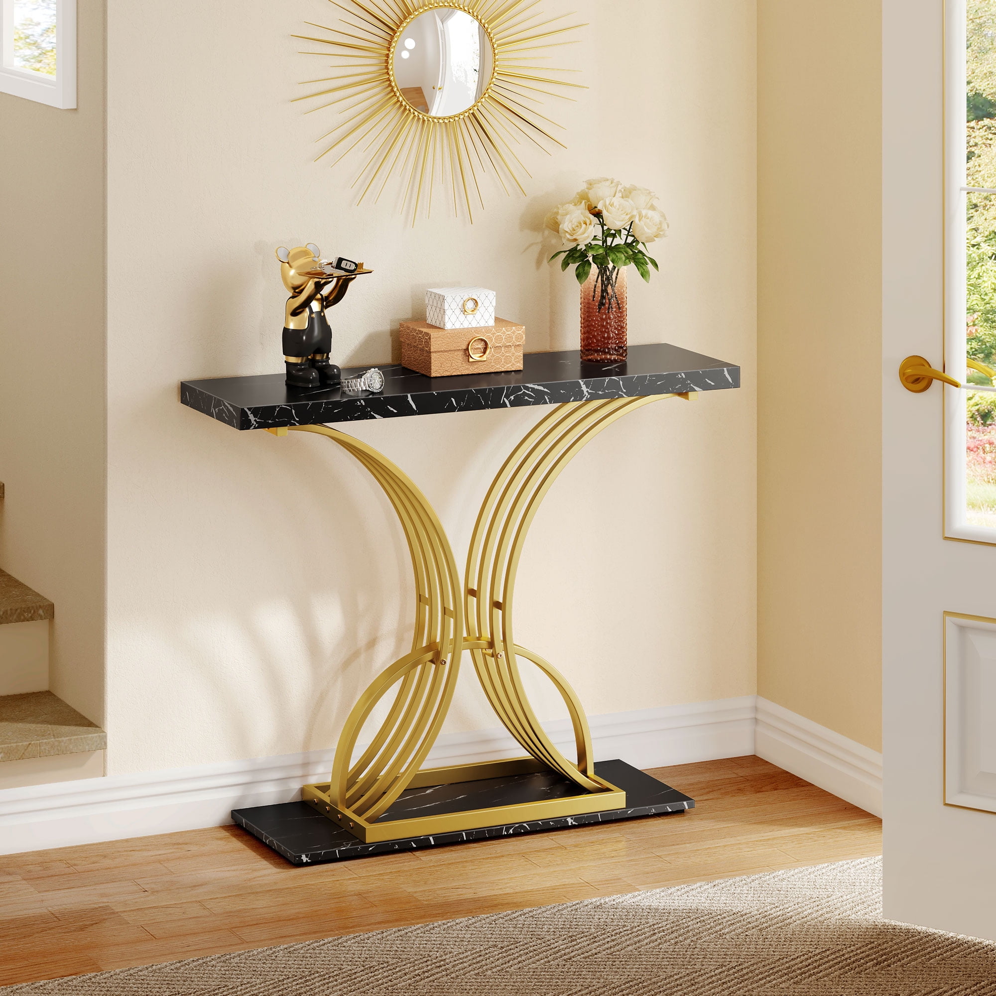Dextrus Faux Black Marble Console Table, Modern Narrow Side End Table