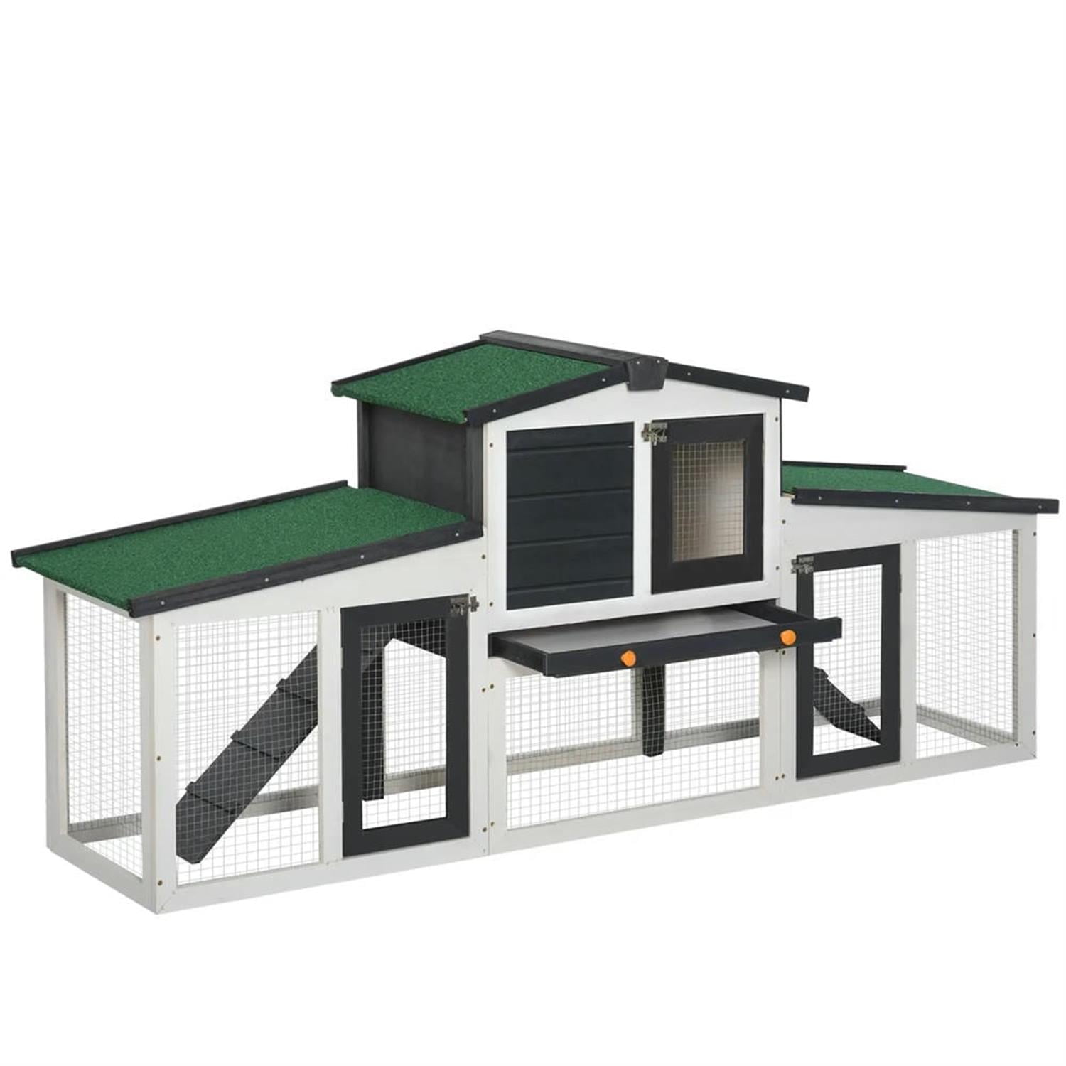 Kadyn 77" Wooden Rabbit Hutch with Double Side Run Boxes, Outdoor Small Animal Habitat Chicken Coop Bunny Cage for Bunnies, Guinea Pigs, Gray