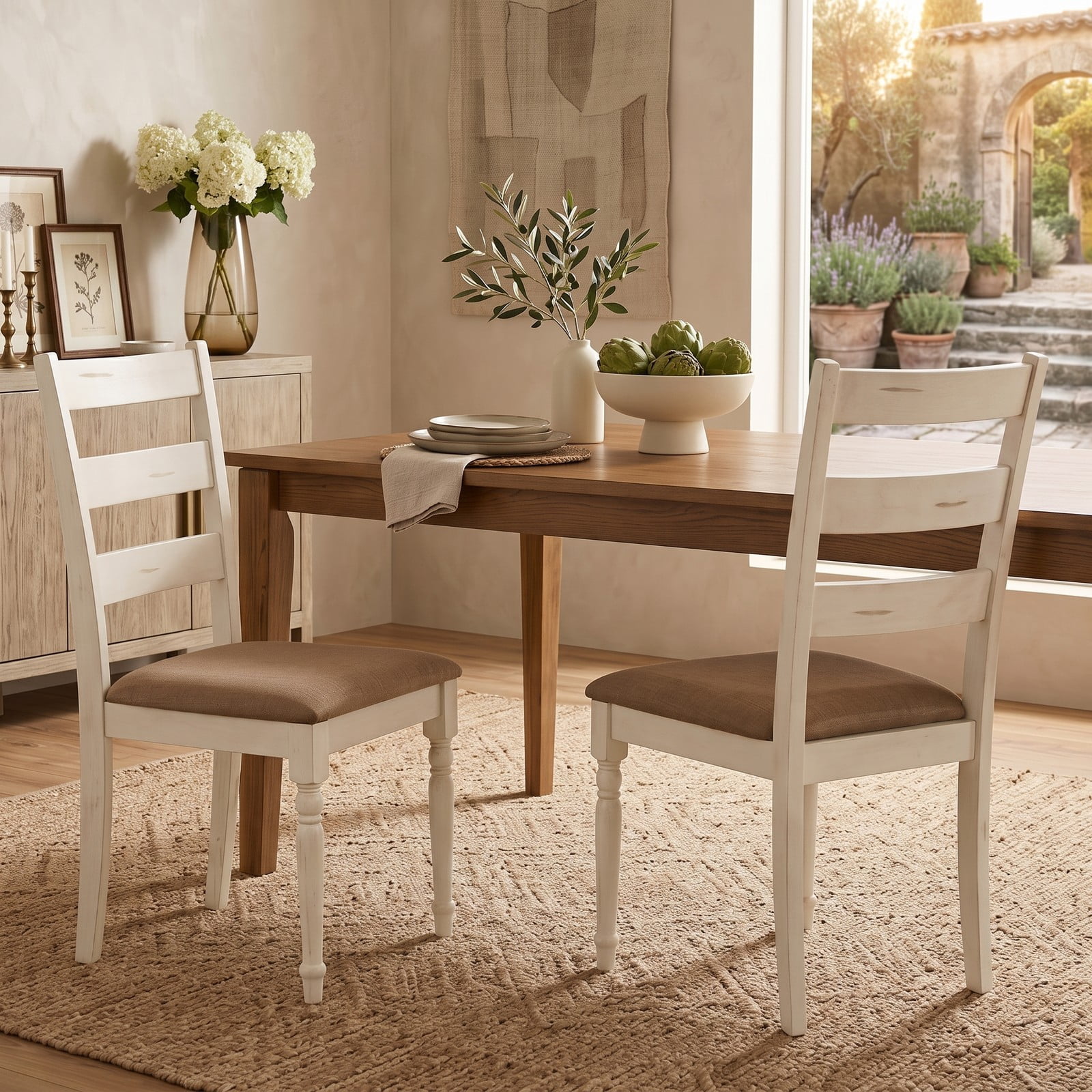 Furnibear Rubber Wood Dining Chairs Set of 2, Upholstered Kitchen Side Chairs with Padded Linen Seat, Slatted Curved Backrest and Carved Wood Legs for Dining, White