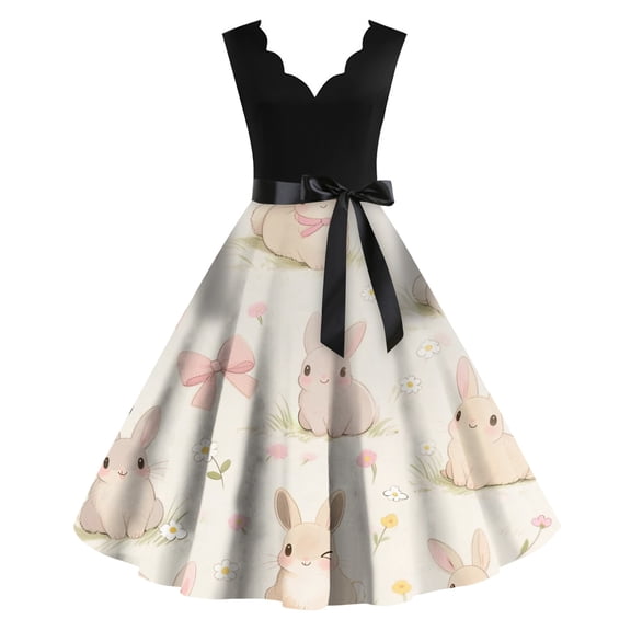 LWavelet Women's Sleeveless Scalloped Neck Fit-and-Flare Dress, Pastel Easter Egg & Floral Print with Satin Bow Belt for Holiday & Party Outfits Complexion XL