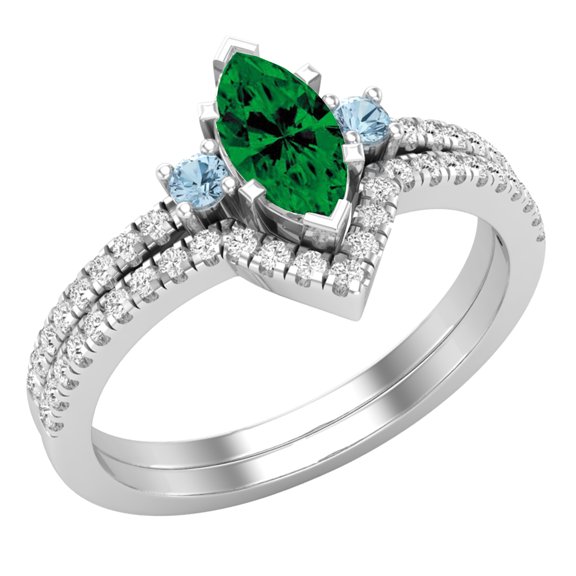 Dazzlingrock Collection 8X4mm Marquise Lab Created Emerald, Round Natural Blue Topaz & White Diamond 3 Stone Engagement Ring Set for Her in Sterling Silver, Size 7.5