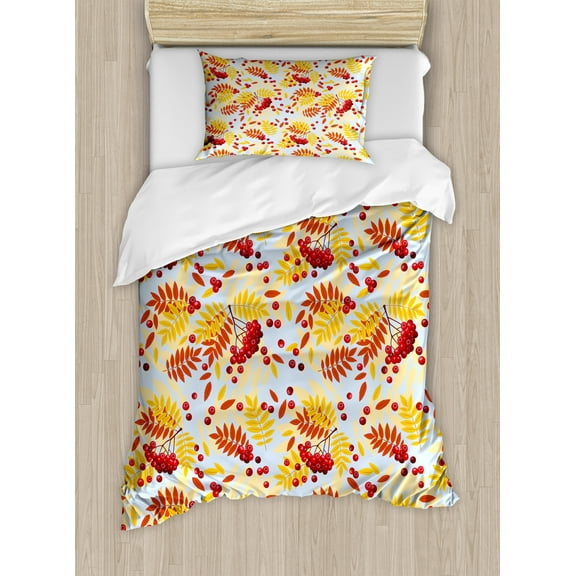 Ambesonne Rowan Duvet Cover Set, Ripe Berries Dried Leaves, Twin, Pale Blue Yellow Red