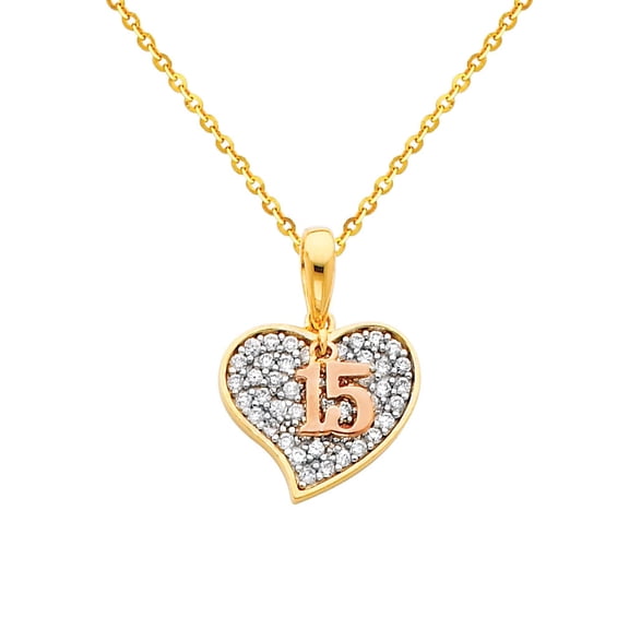 Wellingsale 14k Two 2 Tone Gold Polished 15 Años CZ Cubic Zirconia Charm Pendant with 1.2mm Side Diamond Cut Cable Chain Necklace - 16"