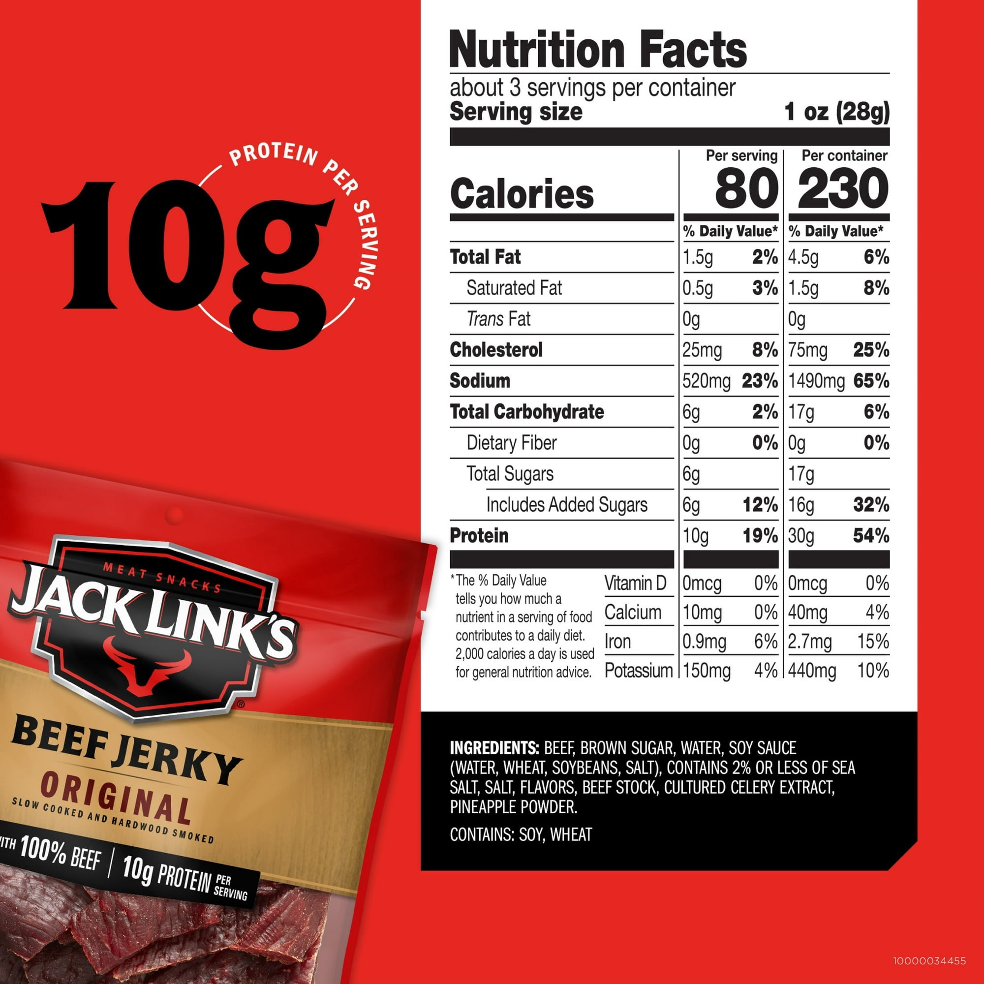 Jack Link’s Beef Jerky, 100% Beef, Original, 2.85 OZ 10g of Protein Per Serving