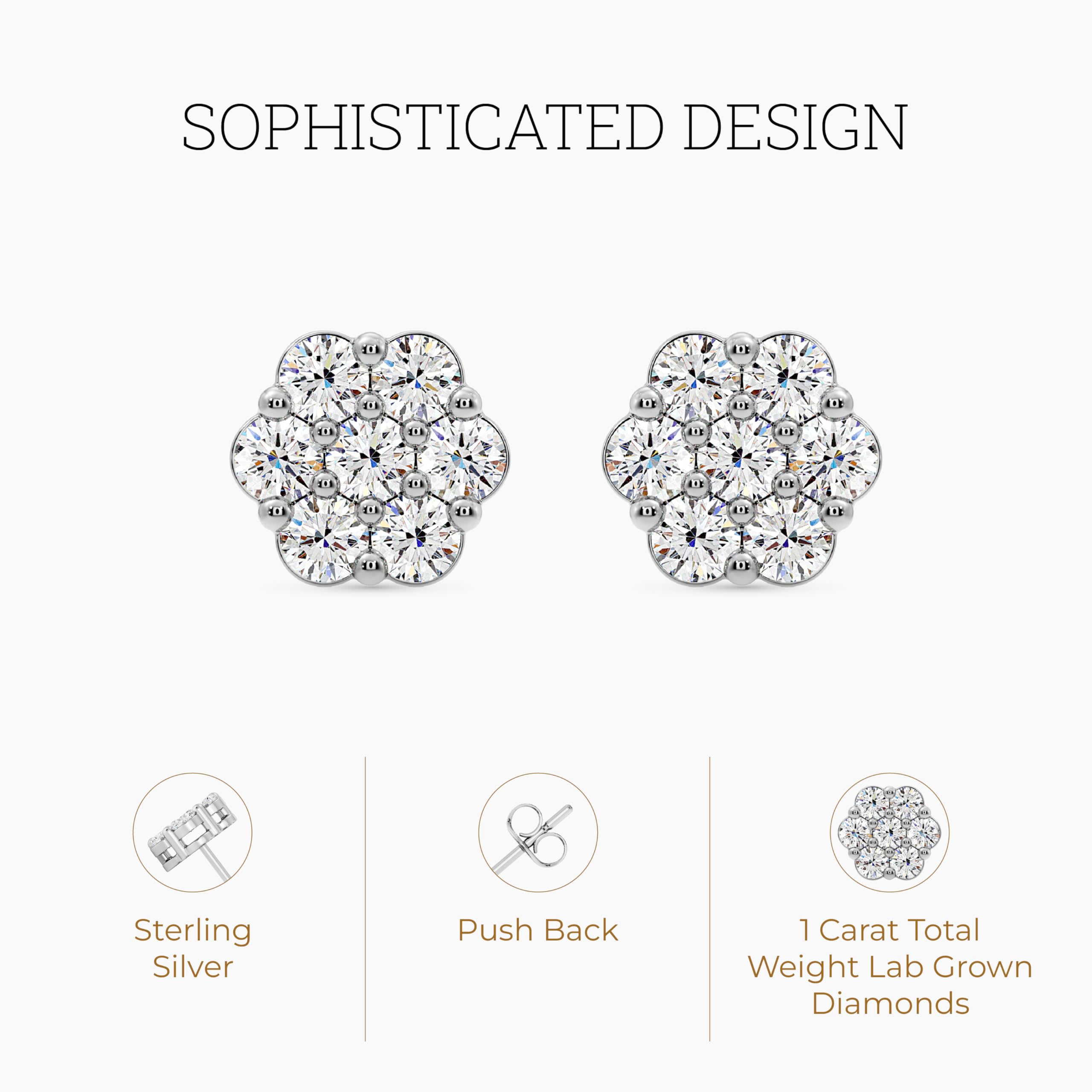 Gilded 1 Carat Total Weight Lab-Grown Diamond Stud Earrings for Women | 925 Sterling Silver | 7-Stone Flower Shaped | Hypoallergenic Fine Jewelry | Prong Setting, Push Back Nut | SI1 Clarity, F Color