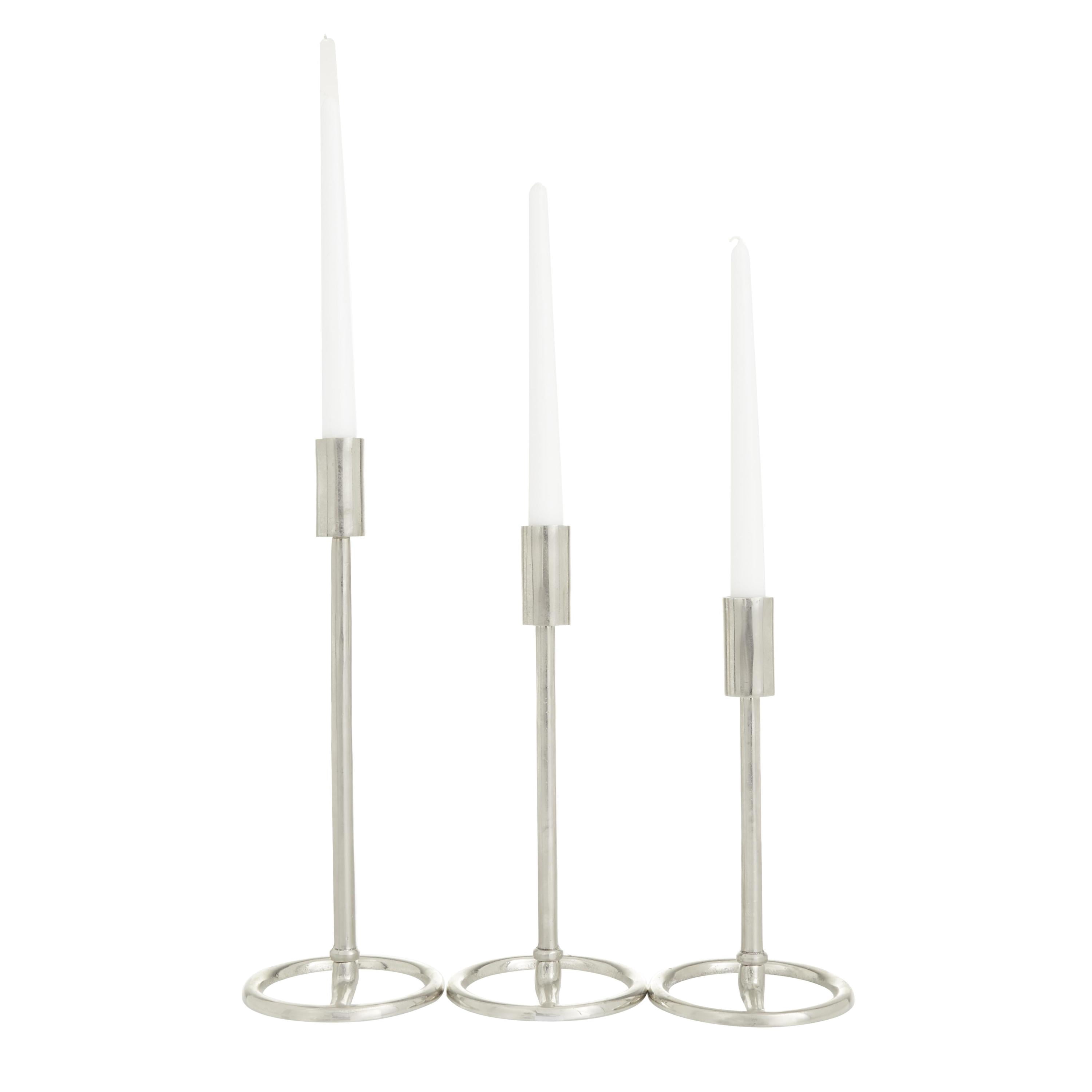 DecMode 3 Candle Silver Aluminum Metal Tapered Candle Holder with Ring Bases, Set of 3