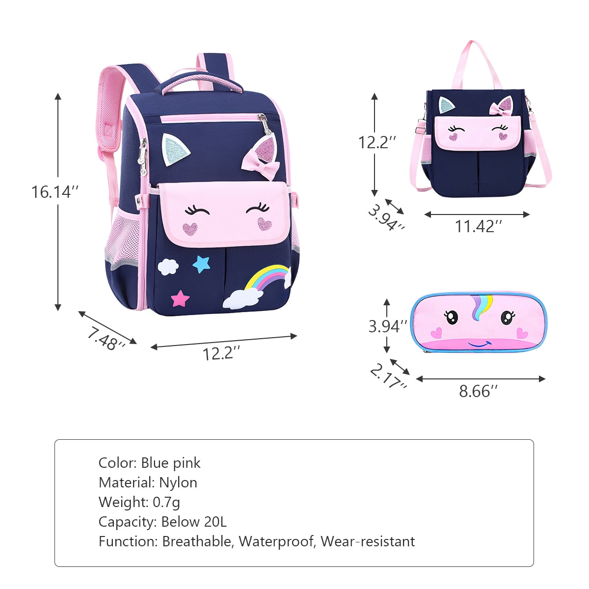 Kadyn 16.14" Girls Backpack, Elementary Bookbag with Lunch Bag and Pencil Bag, Unicorn Kids Backpack for Children, Blue Kadyn 16.14" Girls Backpack, Elementary Bookbag with Lunch Bag and Pencil Bag, Unicorn Kids Backpack for Children, Blue