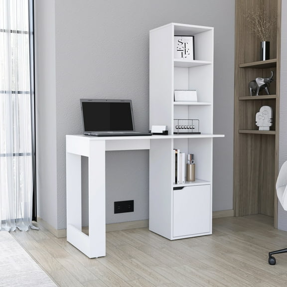 Modern White Writing Desk With 4 Bookcase And 1 Cabinet Rectangular Computer Smart