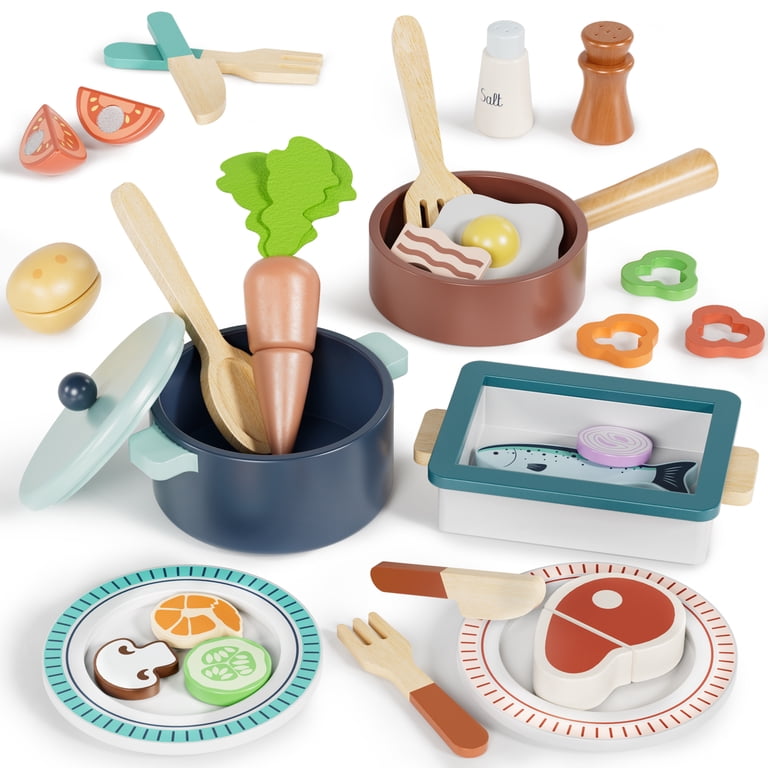 OROLIVING Wooden Kitchen Play Set with Cutting Food & Cookware photo 1