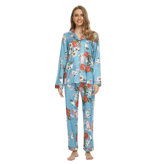 MintLimit Women's Floral Long Sleeve V-neck Button Down Pocket Shirt and Pants Pyjamas Sleepwear Lounge Pajamas