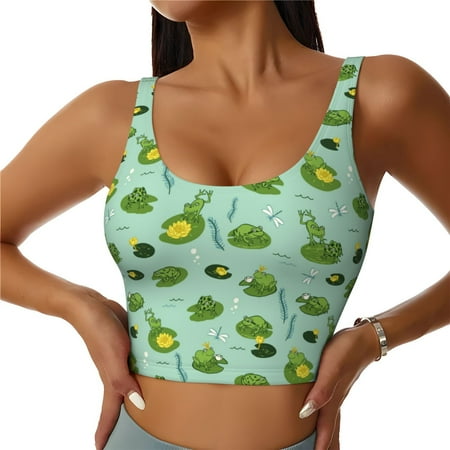 Adobk Froggs In The Lake Print Sports Bras for Women Longline Workout Crop Tank Tops Padded with Built in Shelf Padded Sports Bra-Large