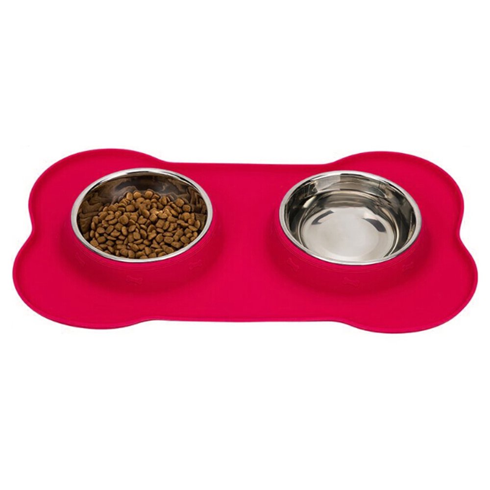Silicone Bone Shape Pet Tray Stainless Steel Double Bowl Dog Cat Food