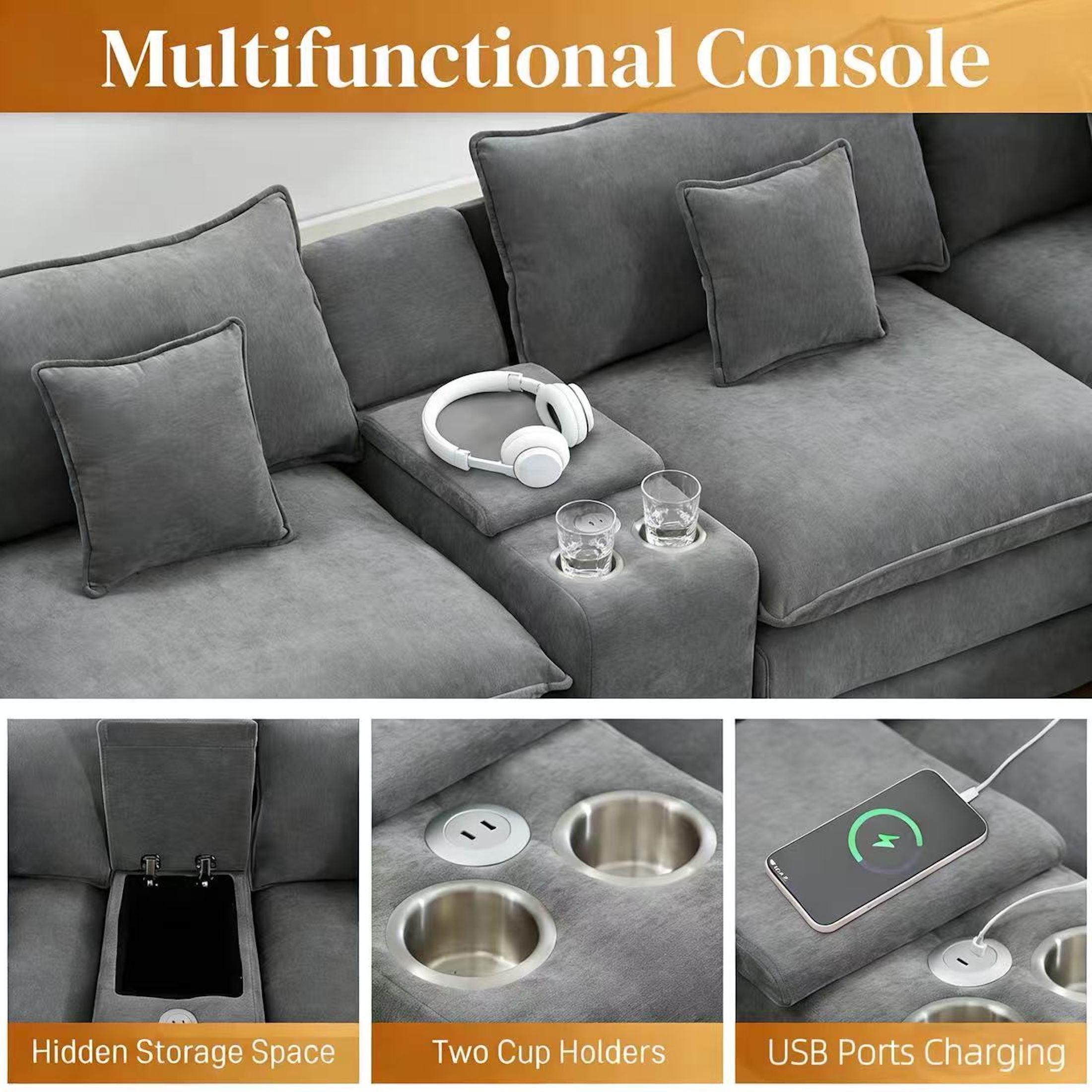 Aisword 145" U Shaped Cloud Couch Sectional with USB Charging, Hidden Storage, Cup Holders & Double Chaise, Grey