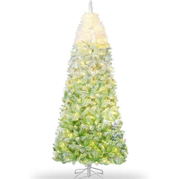 6 ft Snow Flocked Pencil Christmas Tree, Slim Artificial Christmas Tree with Sturdy Metal Stand, Skinny Xmas Tree Holiday Decoration for Home, Office, Green Gradient