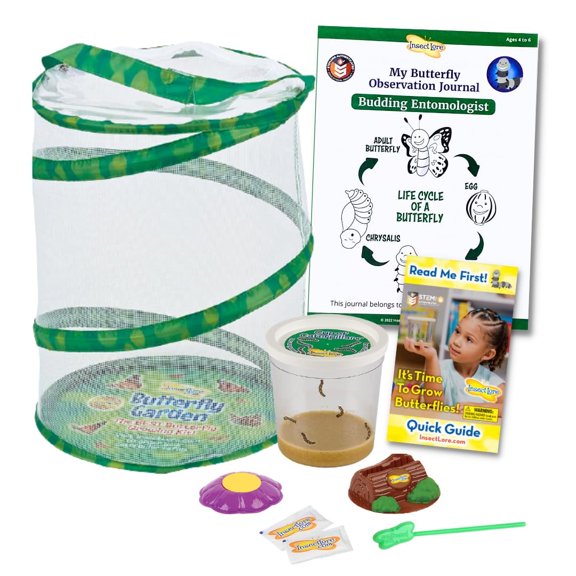 Insect Lore Butterfly Garden Kit - 5 Live Baby Caterpillars, Habitat, Feeder, Chrys-A-Lid Log, STEM Journal Included - Grow, Raise and Release Painted Lady Butterflies
