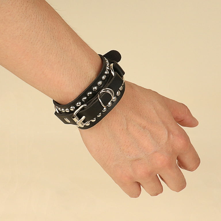 Leather Bracelet Punk Spike Rivets Cuff Metal Studded Black