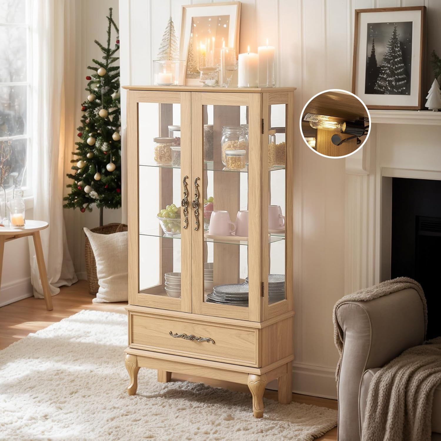 CKEASEAN 52" Lighted Accent Curio Cabinet with Glass Doors & Drawer, 3-Tier Antique Storage Cabinet with Tempered Glass Adjustable Shelves & Drawer, China Display Case for Living Room, Bedroom,Office