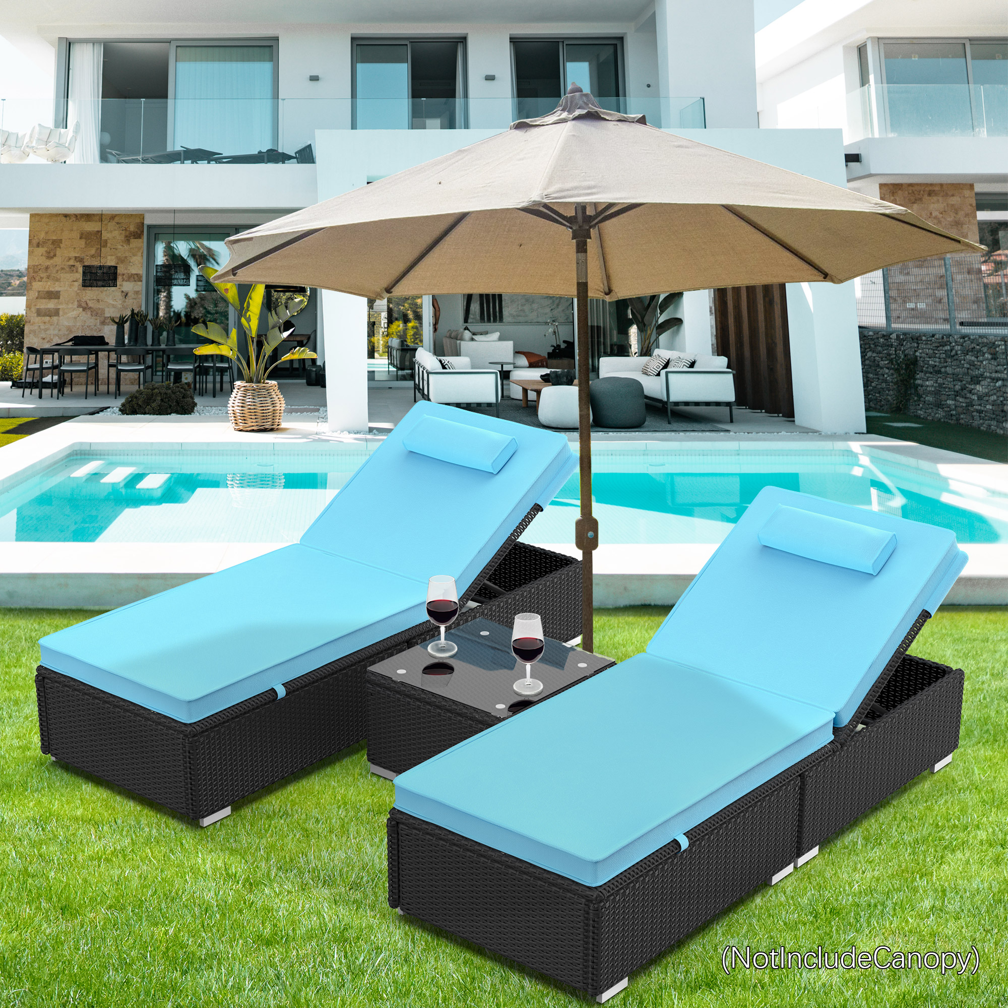Reclining Outdoor Patio Lounge Furniture Set of 2, 3 Pieces All-Weather Poolside Rattan Wicker Pool Chaise Chairs Sets with 2 Pillows & Coffee Table, Brown PE Wicker and Blue, SS2114 - image 2 of 13