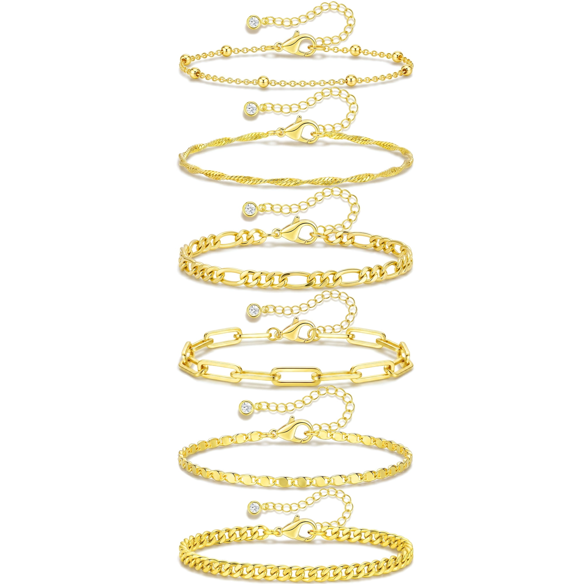 APSVO 6 Pcs 18K Gold Plated Ankle Bracelets for Women Cuban Figaro Paperclip Singapore Satellite Mirror Anklet Set Ankle Bracelets Set Birthday Jewelry Gifts Teen Her Mom Wife Ideas