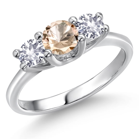 Gem Stone King 14K White Gold Peach Morganite & White Created Sapphire 3-Stone Engagement Ring | 0.90 Cttw | Round 5MM and 4MM | Three Stone Wedding Anniversary Promise Ring for Women (Size 8)