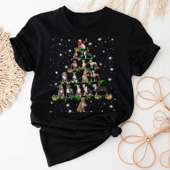 American Staffordshire Terrier Christmas Tree T-Shirt, Funny Dog Lover Gift, AmStaff Christmas Lights Shirts, Christmas Shirts for Women Men