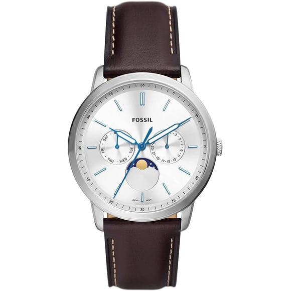 Fossil Montre Multifonction pour Hommes Neutra à Quartz en Acier Inoxydable et Cuir avec Phases de Lune, Couleur : Argent, Brun Modèle : FS5905