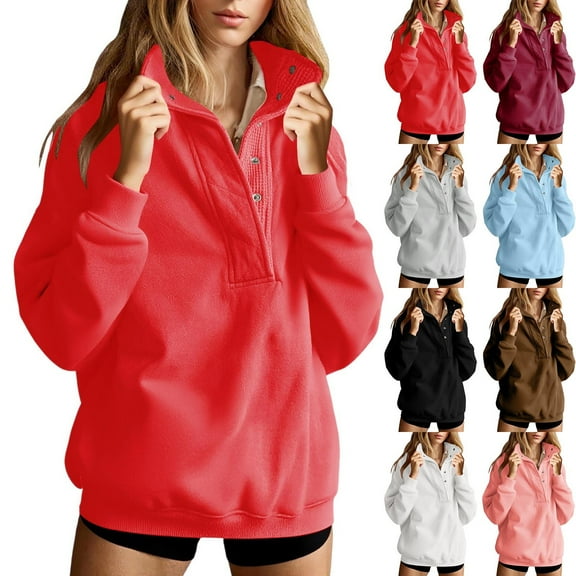 Fanxing Oversized Sweatshirt for Women Y2K Fall Fashion Button Tops Casual Solid Long Sleeve Loose Comfort Pullover Sweater Light Blue XL