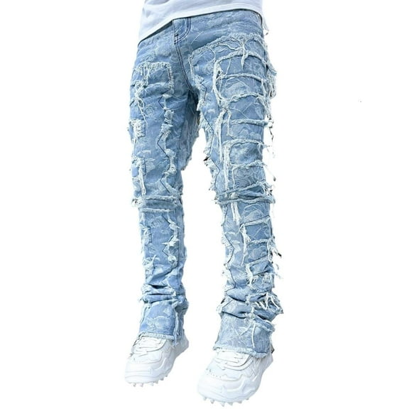 lanema Mens Stacked Jeans Fit Ripped Jeans Destroyed Straight Denims Pants Vintage Hip Hop Trouser Streetwear
