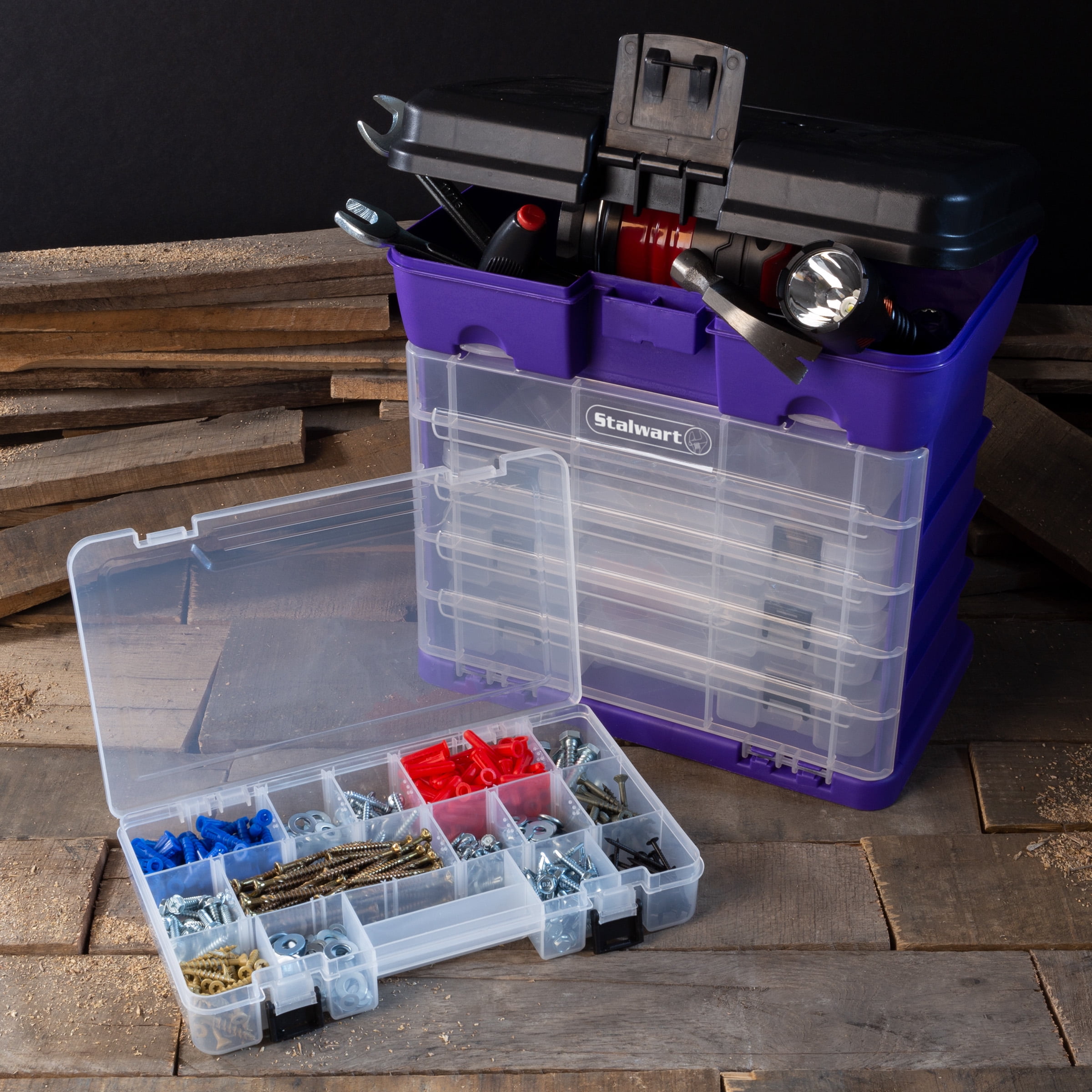 Storage and Tool Box-Durable Organizer Utility Box-4 Drawers with 19 Compartments Each for Hardware Fish Tackle Beads and More by Stalwart (Purple)