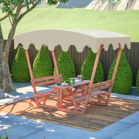 Outdoor waterproof solid wood picnic table and bench set with removable canopy - suitable for all-weather patios, gardens, decks, parks, beaches