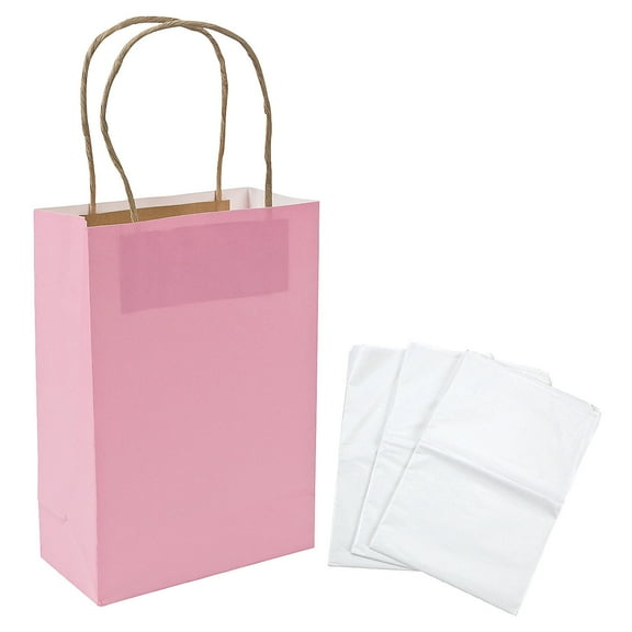 Fun Express Kraft Paper Gift Bags & White Tissue Paper Kit, Pink, Medium, 6 1/2" x 9"