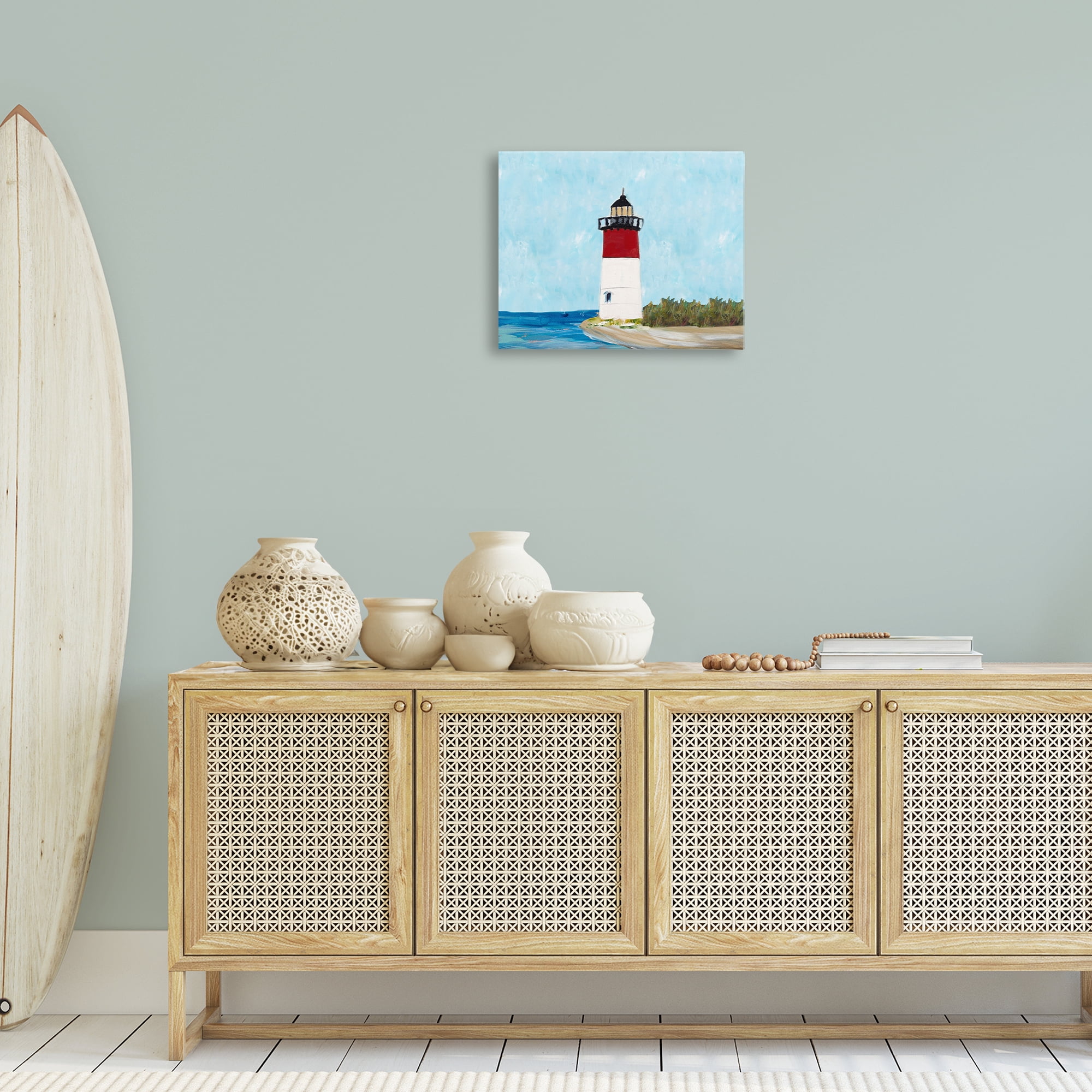 Stupell Industries Coastal Lighthouse on Blue Coastal Painting Gallery Wrapped Canvas Art Print Wall Art, 20 x 16