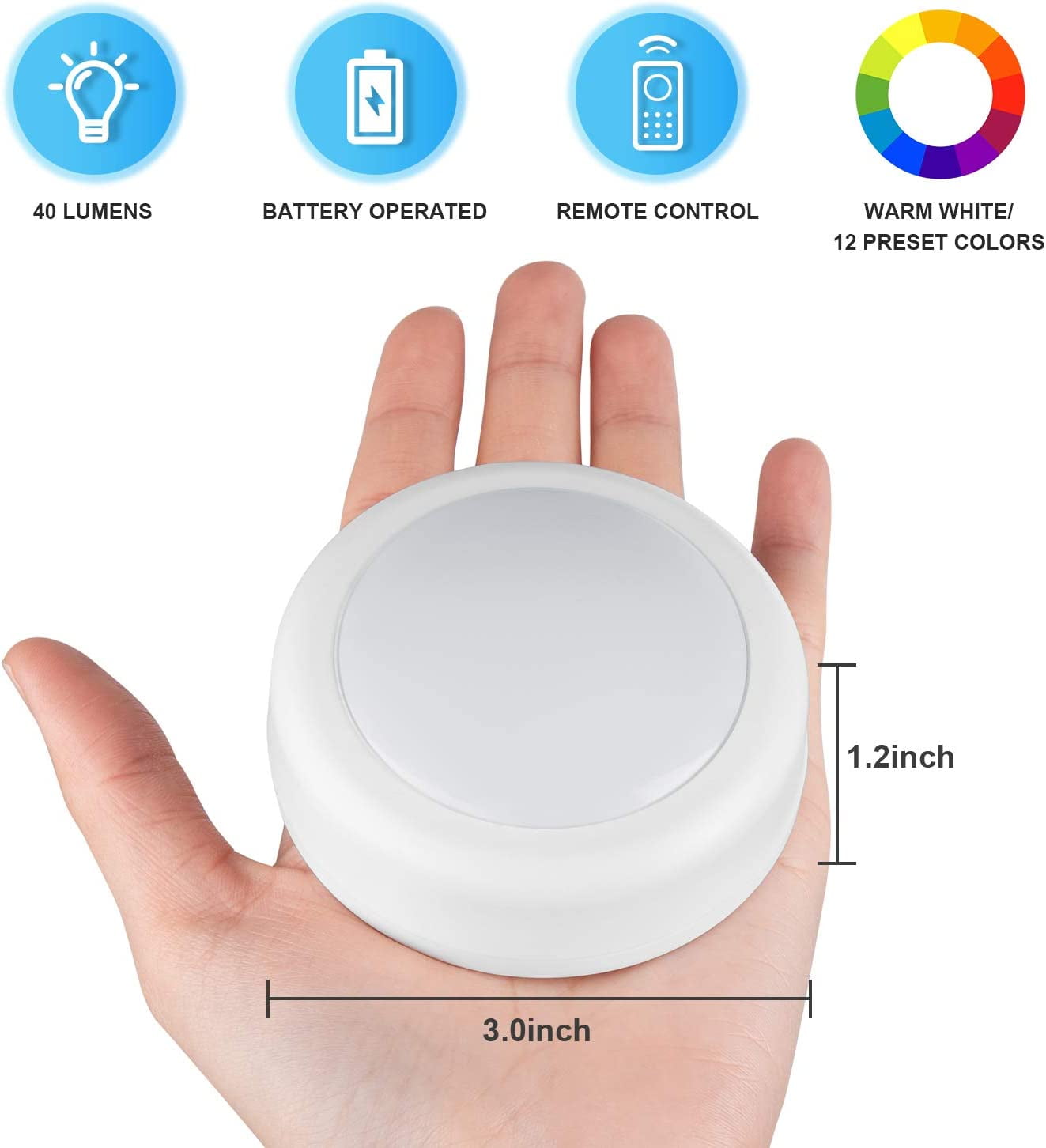 JJEAN-LED Puck Lights with Remote Control, Wireless Under Cabinet & Closet Lighting, RGB 13 Color Changing Lights with Dimmer, Timer & AA Battery Operated, Push, Touch, Stick on for Night, White, 2 P