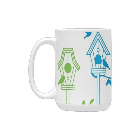 

Flying Birds Decor Sweet Colorful Bird Houses Nest with Flying Birds on the Roof Branches Animal Hom Ceramic Mug (15 OZ) (Made In USA)