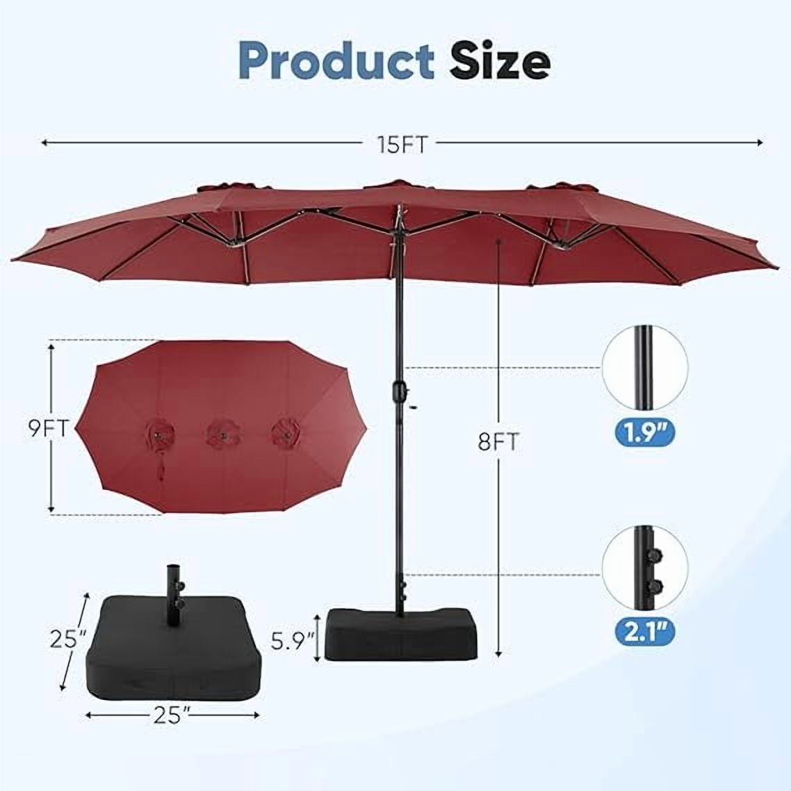 Sybels 15ft Large Rectangle Patio Umbrella with Base, Outdoor Sun Shade for Deck, Backyard, Market, Wine red