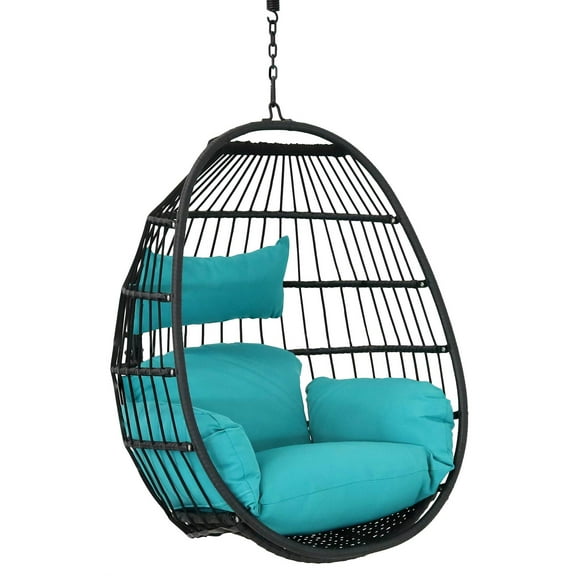 Sunnydaze Dalia Resin Wicker Egg Hanging Chair with Cushions, Teal