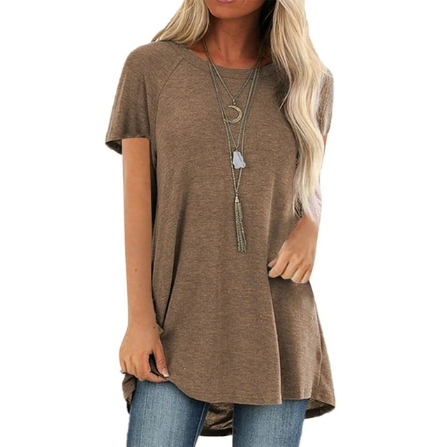 MAWCLOS T-Shirt Col Rond Tops Manches Courtes Tee Shirt Tunique Été Blouse de Couleur Unie Kaki S