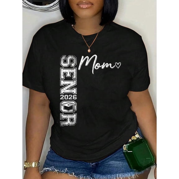 100% Cotton Senior Mom 2026 Graduate Mother Proud Mom Of A Class Of 2026 T-Shirt Print Round Neck Cotton T-Shirt, Summer Women's Tops, gift
