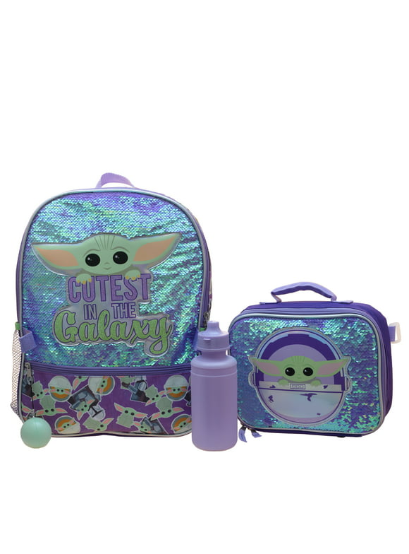Disneys Mandalorian Baby Yoda Girls 4 Piece Backpack set, Flip Sequin School Bag with Front Zip Pocket, Mesh Side Pockets, Insulated Lunch Box, Water Bottle, and Squish Ball Dangle, Purple