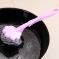 thumbnail image 2 of Billuyoard Cepillo de bola de alambre de acero con flor de mango largo, herramienta de limpieza de ollas para lavar platos, limpiador de cubiertos Suministros de limpieza para el hogar violeta, 2 of 6
