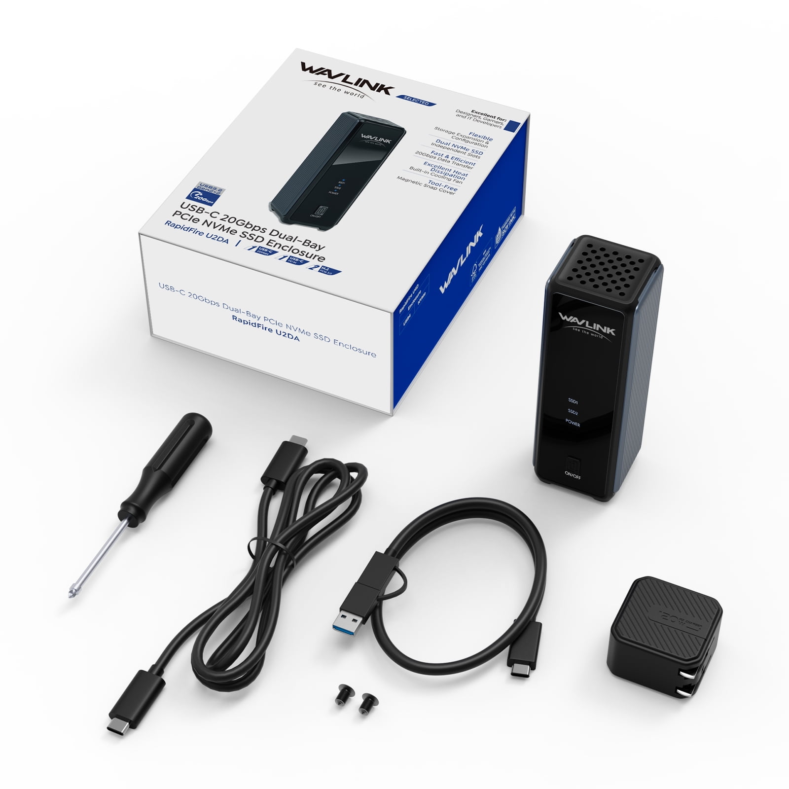 WAVLINK M.2 NVMe SSD Enclosure (Dual Bay), SSD Case with USB3.2 Gen 2x2 20Gbps, Supports 2x NVMe SSDs up to 16TB (8TB Each), RAID 0 for Windows/Mac/Android (Phone OTG is Required)