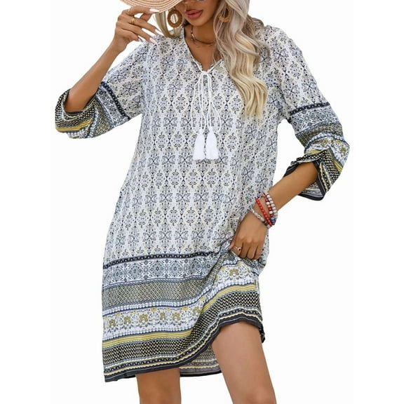 Women Casual Beach Summer Boho Tassel Tie Neck 3/4 Long Sleeve Short Floral Print Cover Up Sundresses White L