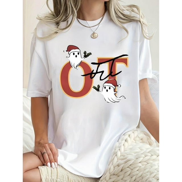 Camisetas con estampado para mujer, camisetas de manga corta de verano 2025, blusas casuales con cuello redondo para adolescentes1pc Women'S Casual Crew Neck T-Shirt with Creative Ghosts in Santa H