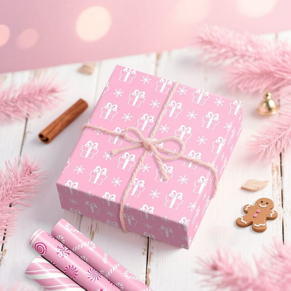 Pink Christmas Wrapping Paper Set - 12 Sheets with Gingerbread & Candy Cane Patterns for Holiday Gifts