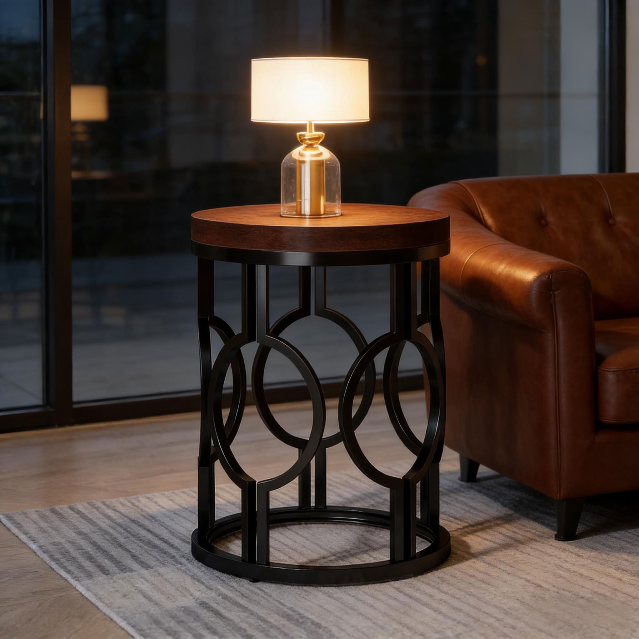 MAYEERTY Round End Table, Industrial Side Table with Metal Hollow Frame, for Living Room, Bedroom, Small Spaces