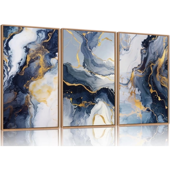 Blue Abstract Framed Canvas Wall Art Set, Blue Golden Aesthetic Wall Decor, Navy Blue Gold Wall Painting, Neutral Modern Art Print for Living Room, Bedroom, Dining Room, Office 16"x24"x3