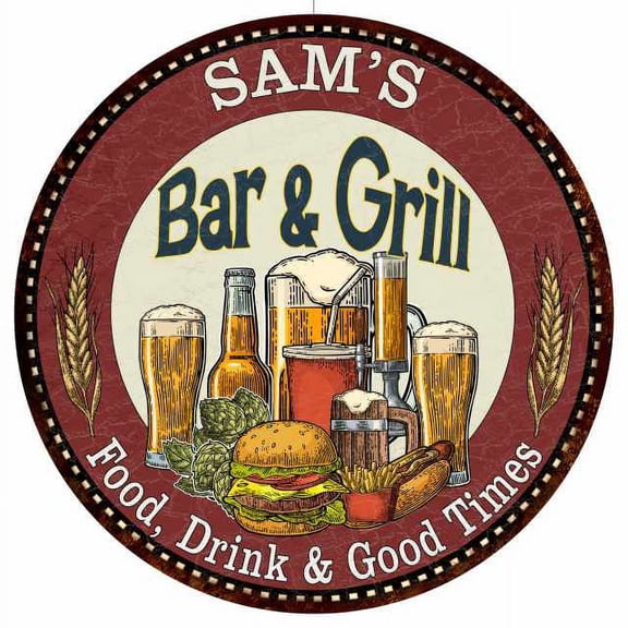 SAM'S Bar and Grill 14" Round Metal Sign Kitchen Wall Decor 100140020027