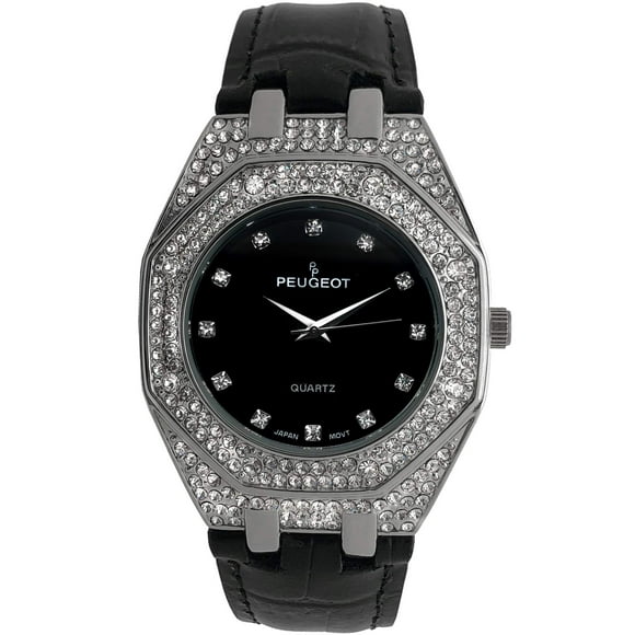 Peugeot Womens Boyfriend Wrist Watch with Crystal Bezel and Matching Leather Color Band Strap