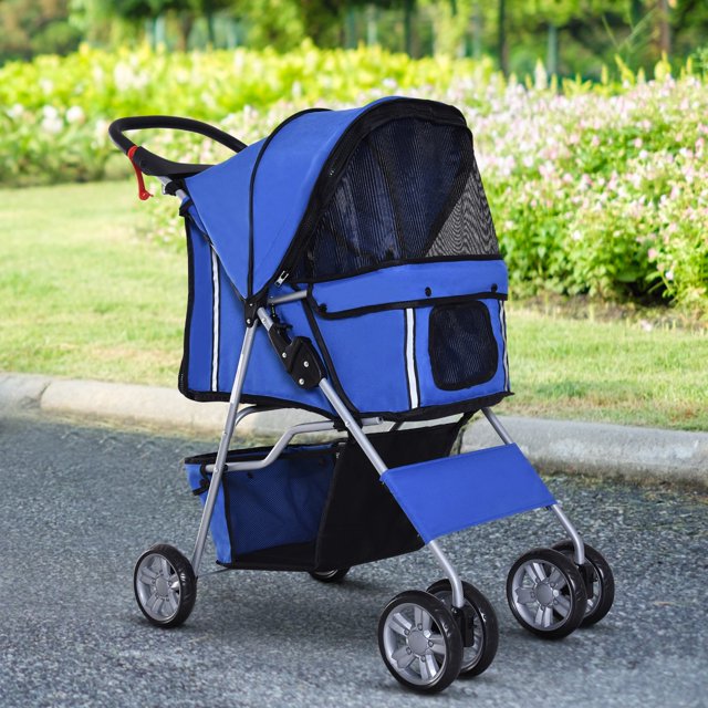 YYAO Poussette Multifonctionnelle 4 Roues Pet, Porte-Chiens et Chats Auvent et Freins, Bleu